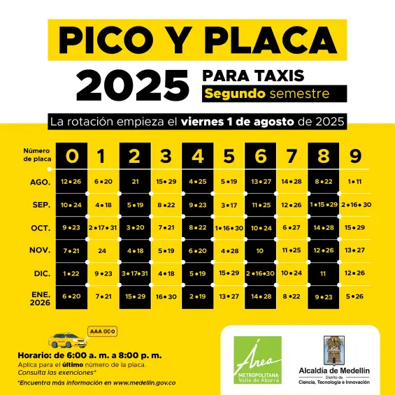 pico y placa medellín para taxi segundo semestre.